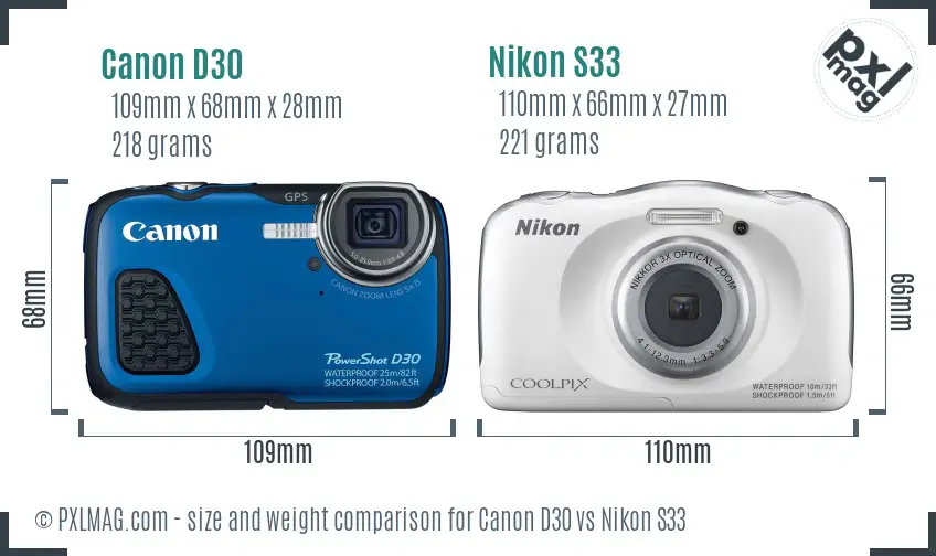 Canon D30 vs Nikon S33 size comparison