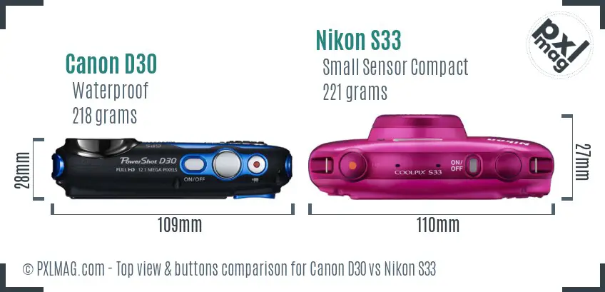 Canon D30 vs Nikon S33 top view buttons comparison