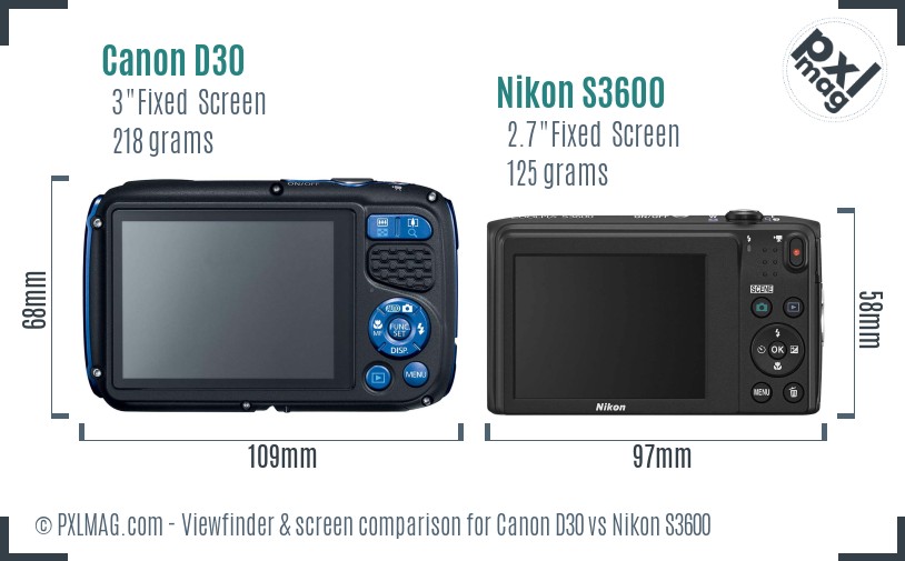 Canon D30 vs Nikon S3600 Screen and Viewfinder comparison