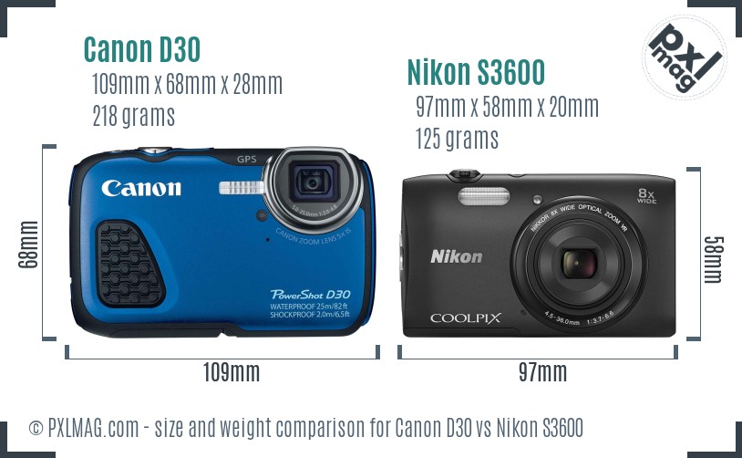 Canon D30 vs Nikon S3600 size comparison