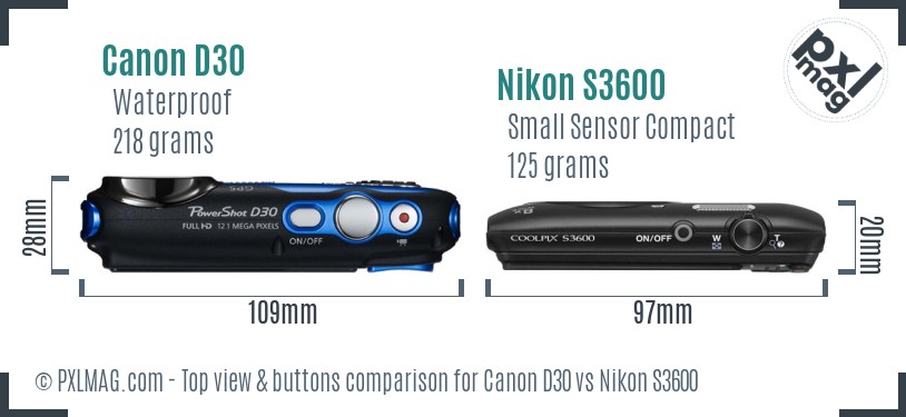 Canon D30 vs Nikon S3600 top view buttons comparison