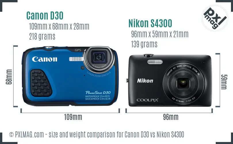 Canon D30 vs Nikon S4300 size comparison