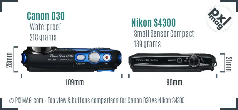 Canon D30 vs Nikon S4300 top view buttons comparison