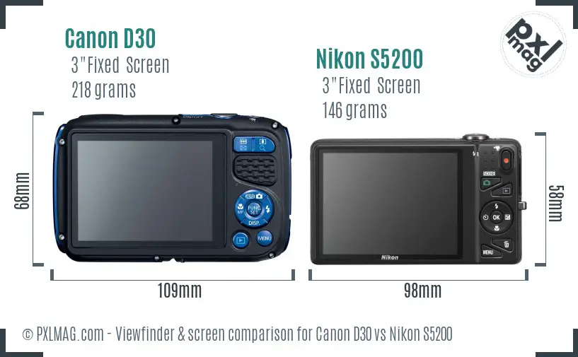 Canon D30 vs Nikon S5200 Screen and Viewfinder comparison