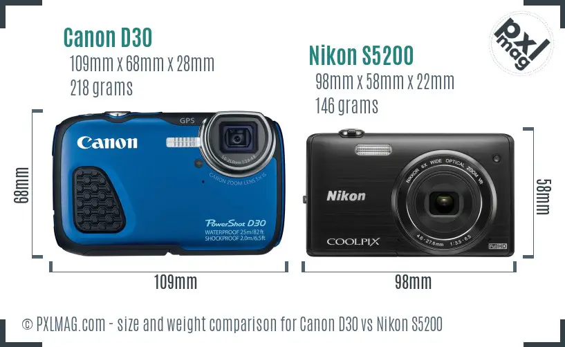 Canon D30 vs Nikon S5200 size comparison