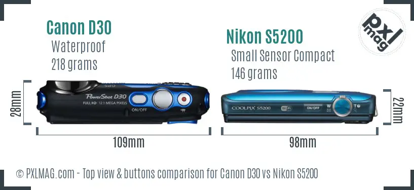 Canon D30 vs Nikon S5200 top view buttons comparison