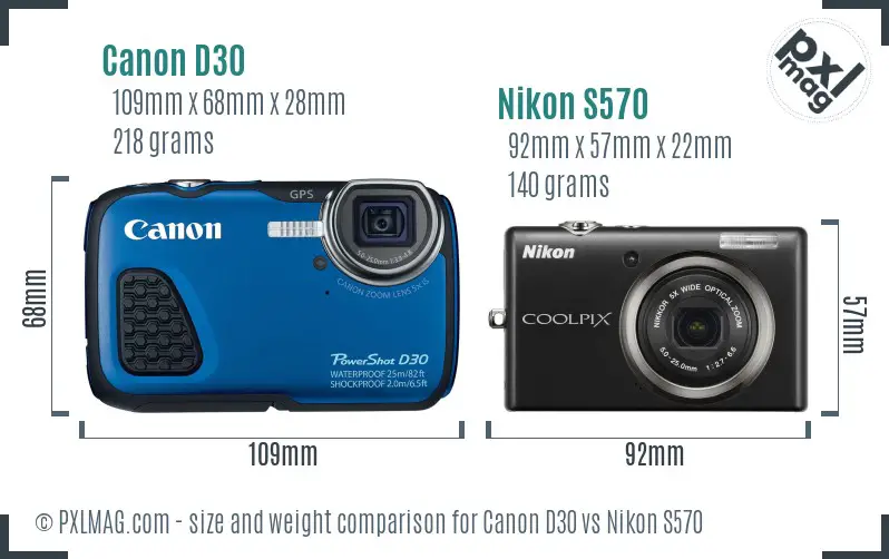 Canon D30 vs Nikon S570 size comparison