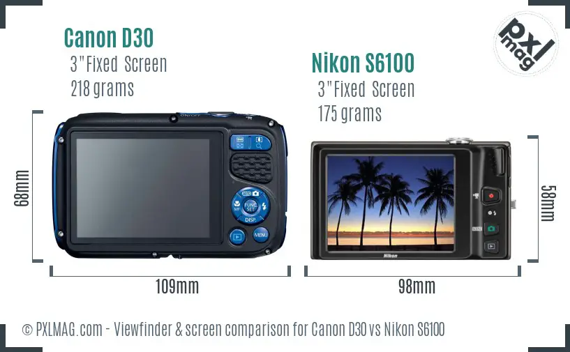 Canon D30 vs Nikon S6100 Screen and Viewfinder comparison