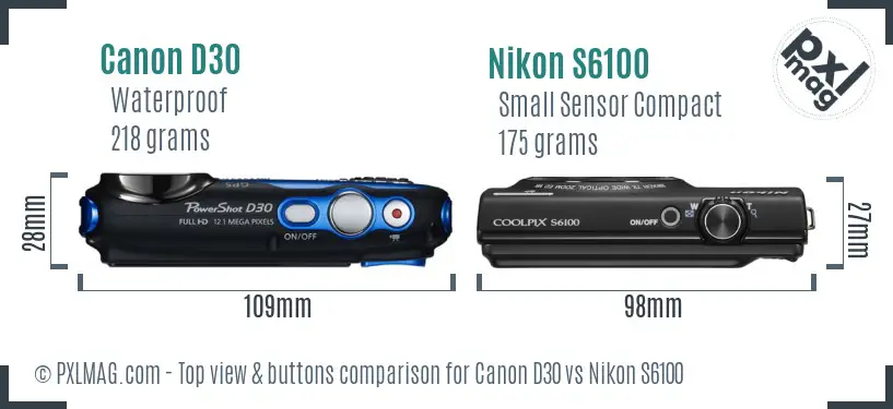 Canon D30 vs Nikon S6100 top view buttons comparison