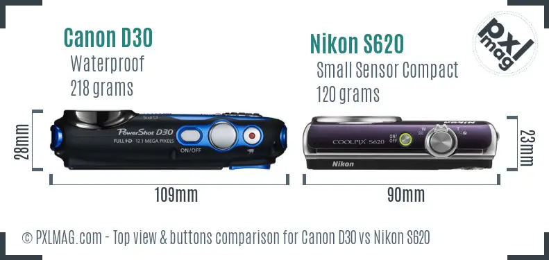 Canon D30 vs Nikon S620 top view buttons comparison Canon D30 vs Nikon S620 top view buttons comparison