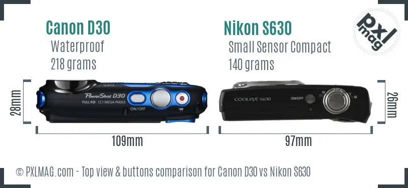 Canon D30 vs Nikon S630 top view buttons comparison Canon D30 vs Nikon S630 top view buttons comparison
