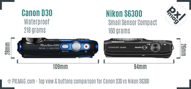 Canon D30 vs Nikon S6300 top view buttons comparison
