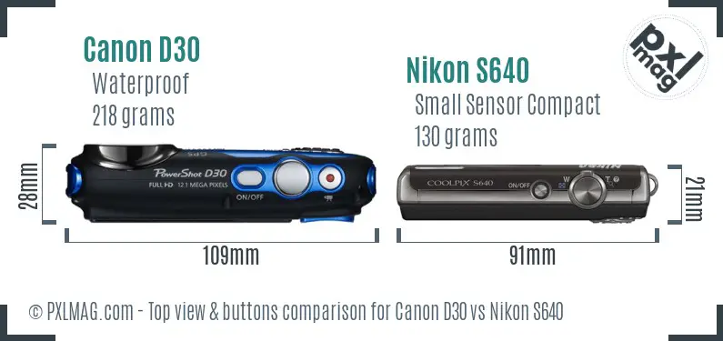 Canon D30 vs Nikon S640 top view buttons comparison
