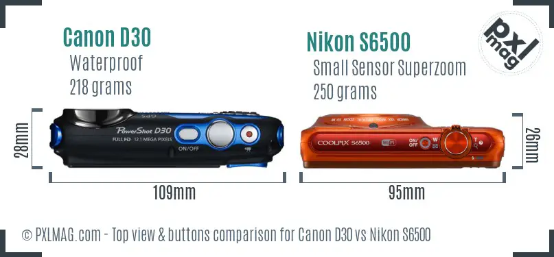Canon D30 vs Nikon S6500 top view buttons comparison Canon D30 vs Nikon S6500 top view buttons comparison