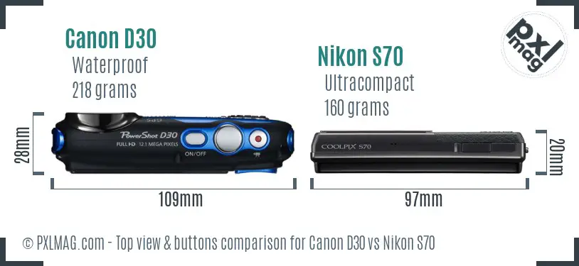 Canon D30 vs Nikon S70 top view buttons comparison