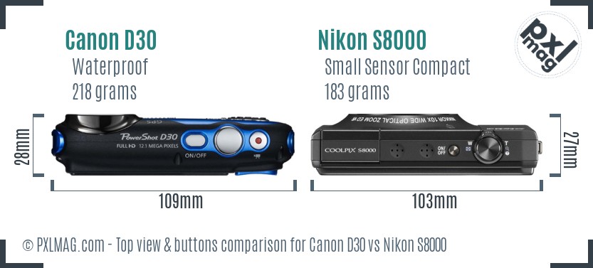 Canon D30 vs Nikon S8000 top view buttons comparison