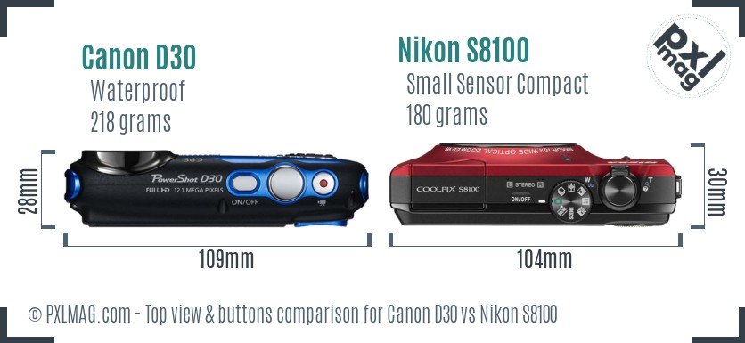 Canon D30 vs Nikon S8100 top view buttons comparison
