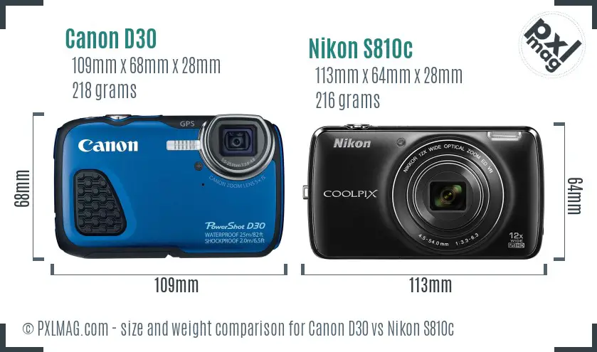 Canon D30 vs Nikon S810c size comparison