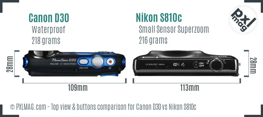 Canon D30 vs Nikon S810c top view buttons comparison