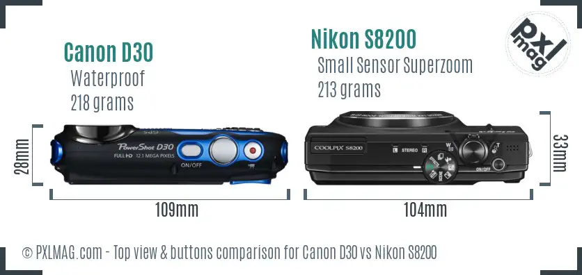 Canon D30 vs Nikon S8200 top view buttons comparison