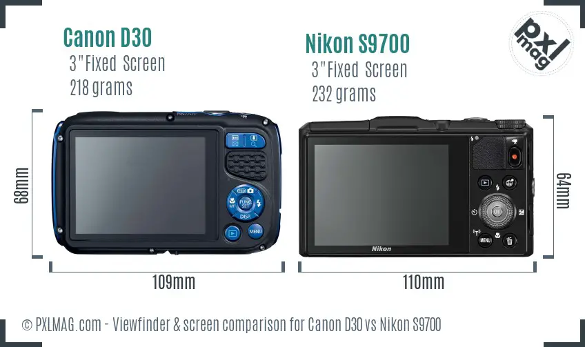 Canon D30 vs Nikon S9700 Screen and Viewfinder comparison