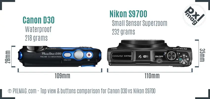 Canon D30 vs Nikon S9700 top view buttons comparison