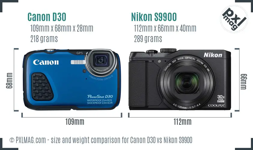 Canon D30 vs Nikon S9900 size comparison