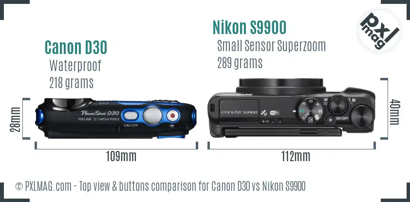 Canon D30 vs Nikon S9900 top view buttons comparison