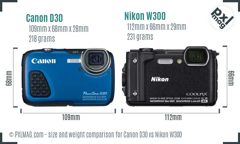 Canon D30 vs Nikon W300 size comparison
