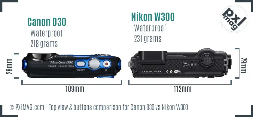 Canon D30 vs Nikon W300 top view buttons comparison