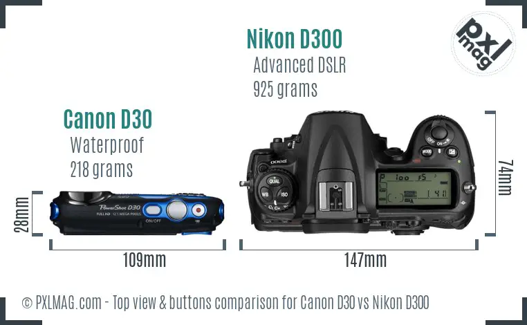 Canon D30 vs Nikon D300 top view buttons comparison