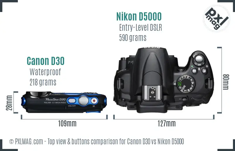 Canon D30 vs Nikon D5000 top view buttons comparison