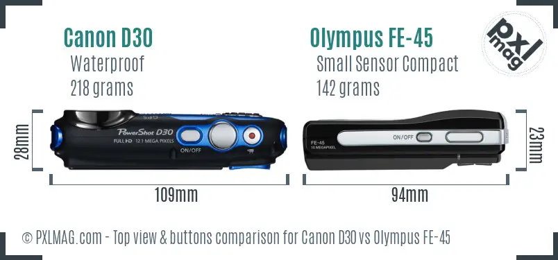Canon D30 vs Olympus FE-45 top view buttons comparison