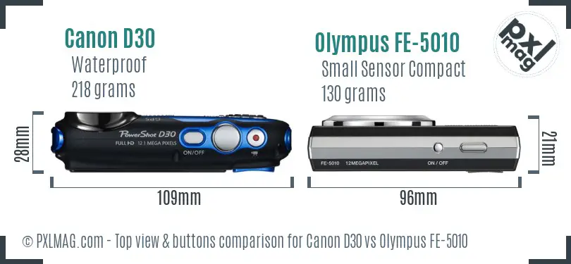 Canon D30 vs Olympus FE-5010 top view buttons comparison