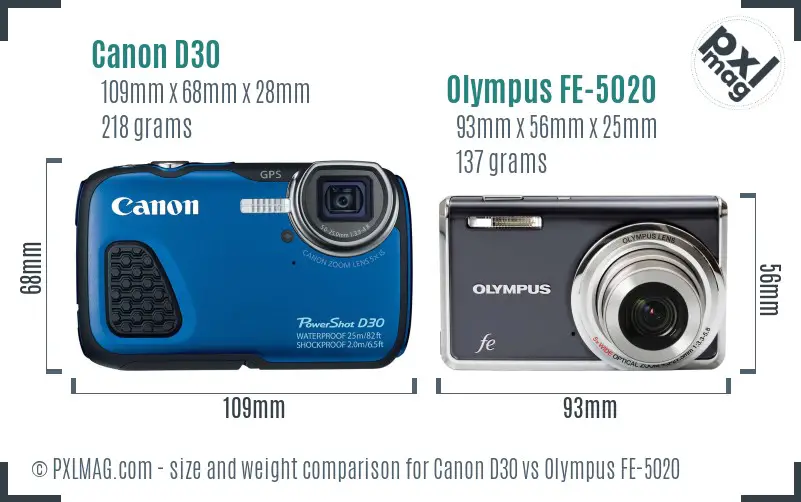 Canon D30 vs Olympus FE-5020 size comparison