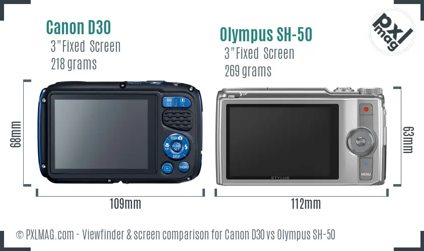 Canon D30 vs Olympus SH-50 Screen and Viewfinder comparison