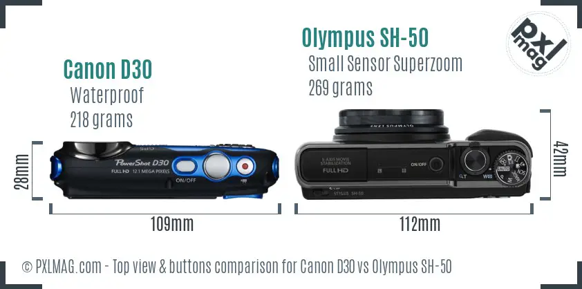 Canon D30 vs Olympus SH-50 top view buttons comparison