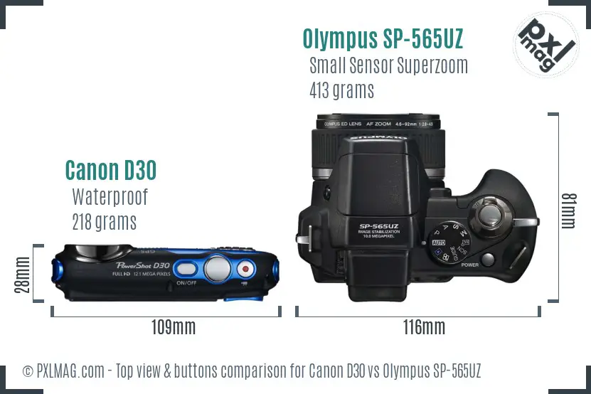 Canon D30 vs Olympus SP-565UZ top view buttons comparison