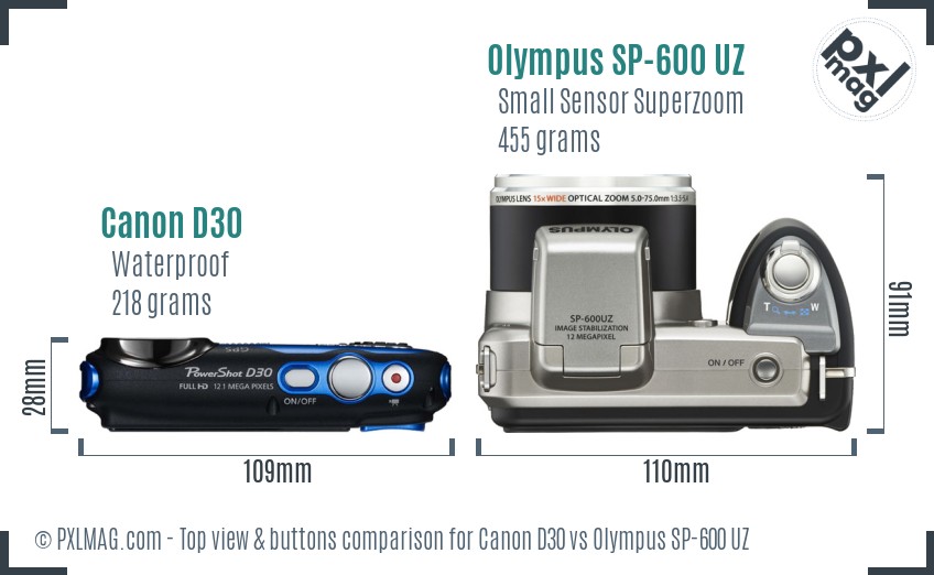 Canon D30 vs Olympus SP-600 UZ top view buttons comparison