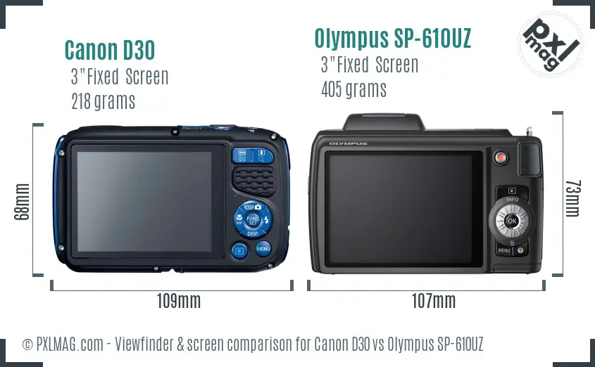 Canon D30 vs Olympus SP-610UZ Screen and Viewfinder comparison