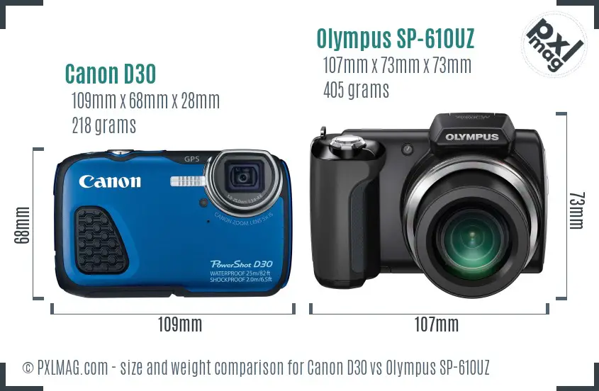 Canon D30 vs Olympus SP-610UZ size comparison