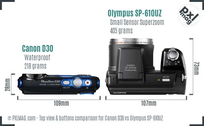 Canon D30 vs Olympus SP-610UZ top view buttons comparison