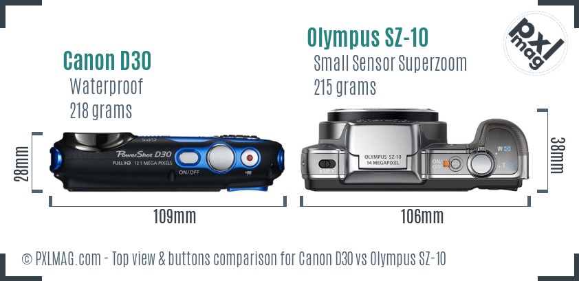 Canon D30 vs Olympus SZ-10 top view buttons comparison