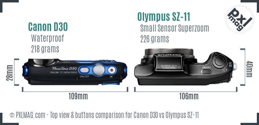 Canon D30 vs Olympus SZ-11 top view buttons comparison