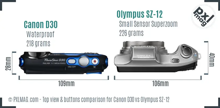 Canon D30 vs Olympus SZ-12 top view buttons comparison Canon D30 vs Olympus SZ-12 top view buttons comparison
