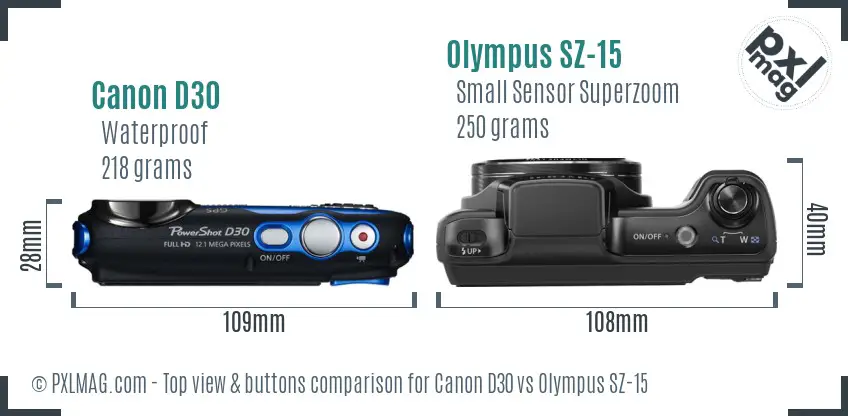 Canon D30 vs Olympus SZ-15 top view buttons comparison
