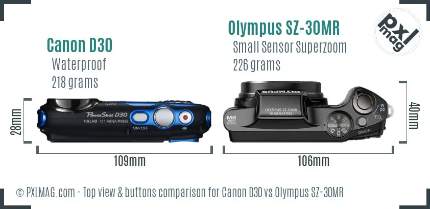 Canon D30 vs Olympus SZ-30MR top view buttons comparison