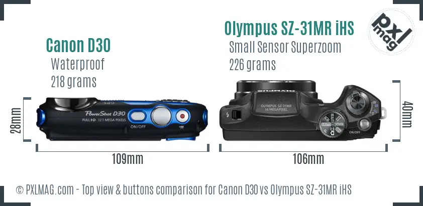 Canon D30 vs Olympus SZ-31MR iHS top view buttons comparison