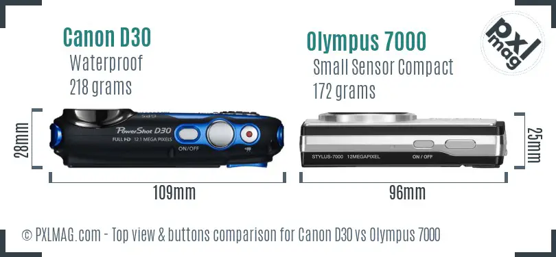 Canon D30 vs Olympus 7000 top view buttons comparison Canon D30 vs Olympus 7000 top view buttons comparison