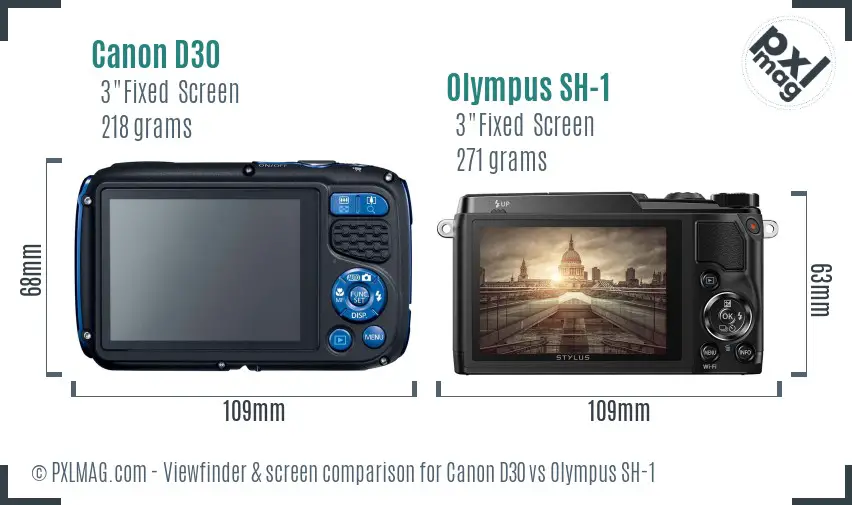 Canon D30 vs Olympus SH-1 Screen and Viewfinder comparison